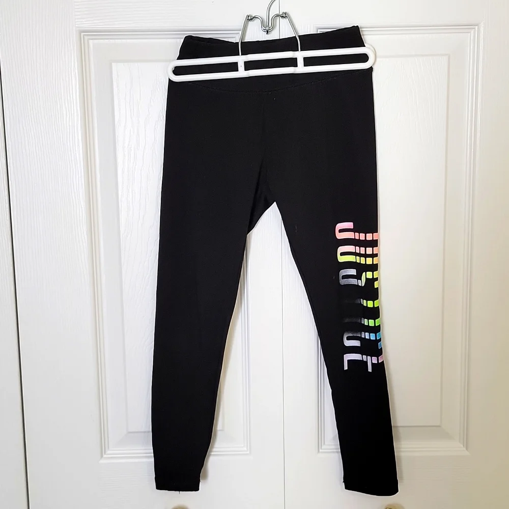 Justice Girls Leggings Black Rainbow Glitter Logo Graphic Playful Size 6